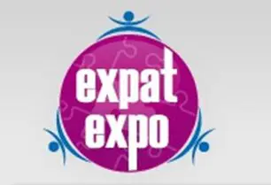 A purple and white logo for an expat expo.