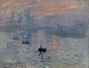 A painting of boats in the water with a sunset.