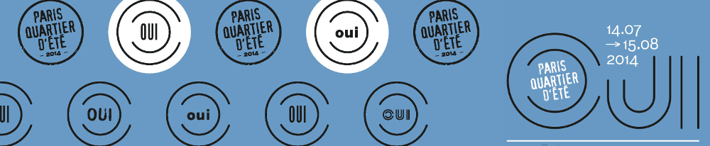 A blue background with several circles and the word oui in them.